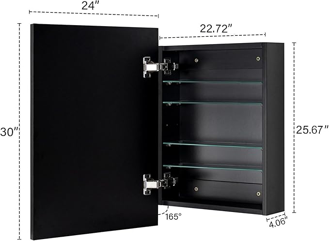 TEHOME 24'' x 30'' Black Recessed and Surface Mount Bathroom Medicine Cabinet with Mirror Matt Black Square Cornered Metal Framed Rounded Rectangle Medicine Cabinet Mirror