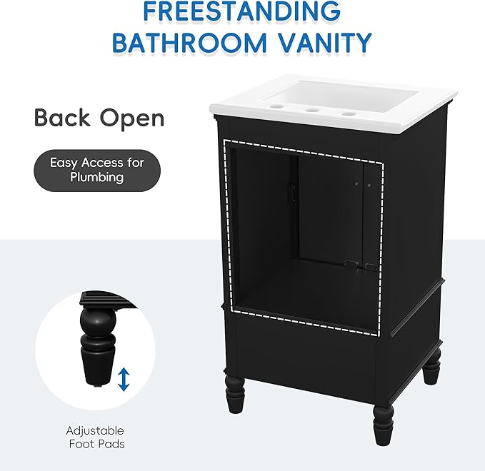 Virubi 20" Small Bathroom Vanity with Sink,Doors and Drawer,Wood Mid-Century Modern Bathroom Sink Cabinets with Adiustable Foot Pads,for Small Space,Freestanding (Black)