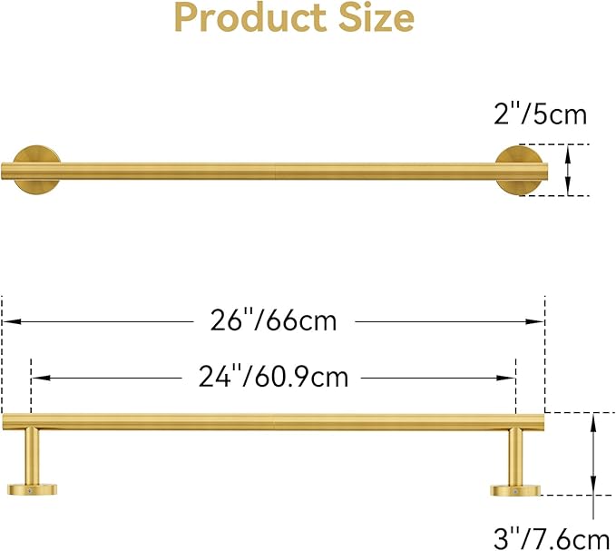Brushed Gold Towel Bar, 24 Inch Towel Rack for Bathroom Wall-Mounted, SUS304 Stainless Steel, Total Length 26 Inch 2 Pack