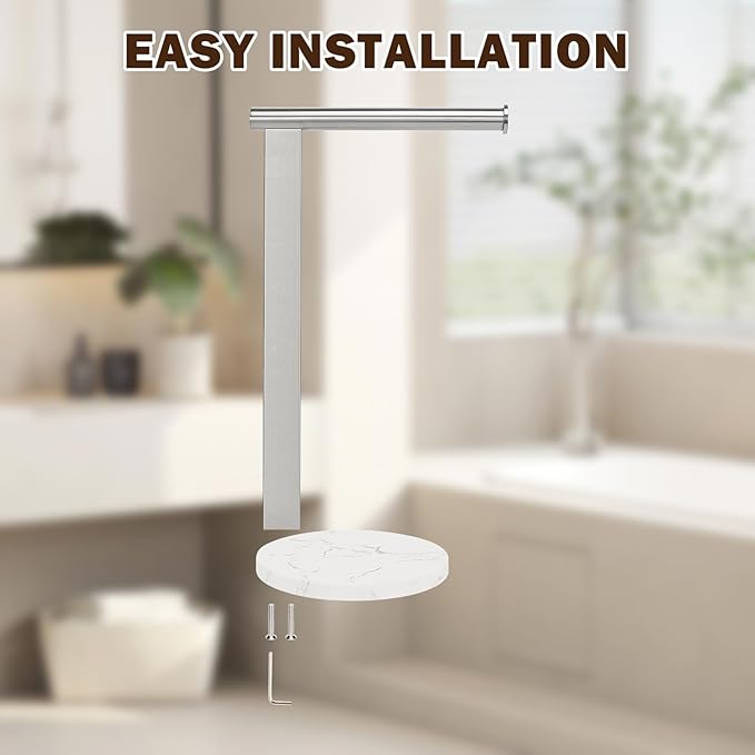 Hand Towel Holder Stand for Bathroom, L- Shaped Standing Hand Towel Rack, Towel Bar Kitchen Vanity Countertop Organizer, SUS304 Stainless Steel Material (Marble Base, Brushed Nickel)