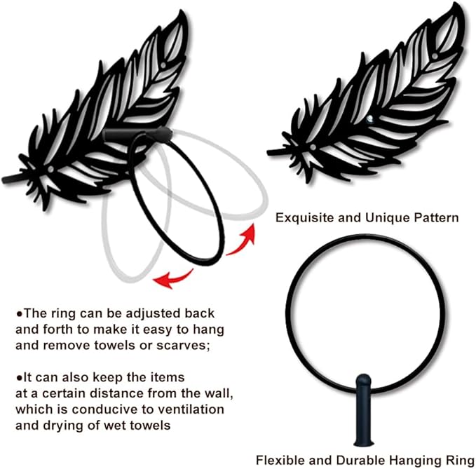 MAYJOYDIY Feather Metal Towel Ring Large Fantasy Feather Towel Holder for Wall Animal Feather Wall Decor Towel Hanger Black Art Towel Rack Wall Mounted for Bathroom Kitchen Home Decors Gift