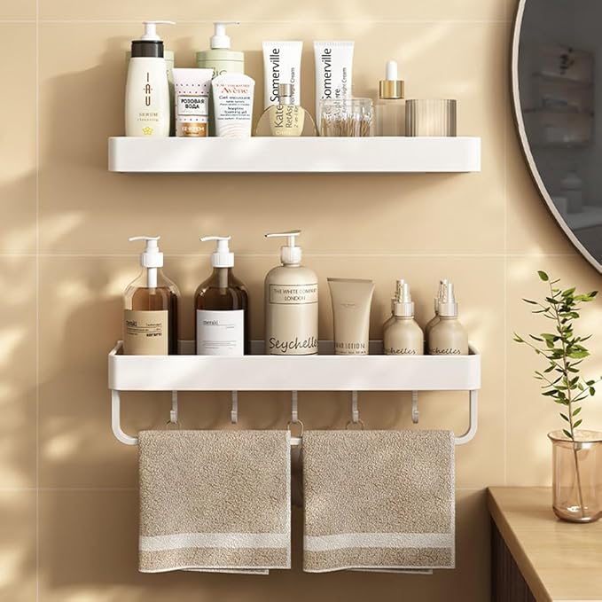 2-Tier Floating Shelf with Removable Hooks, Bathroom Shelves Wall Mounted (White)