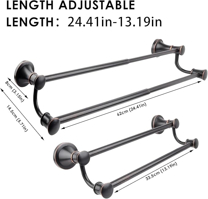 Double Towel Bar, Adjustable 14.96 to 26.57 inches Towel Holder Oil Rubbed Bronze Towel Rack Rustic Towel Hanger Bathroom Wall Mounted