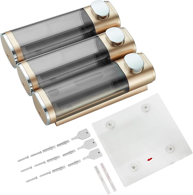 pollock Shampoo Conditioner Dispenser Shower Soap Dispenser 3 Chamber No Drill Shampoo Dispenser for Shower Wall Mounted Shampoo Conditioner Body Wash Dispenser for Bathroom Hotel Gold