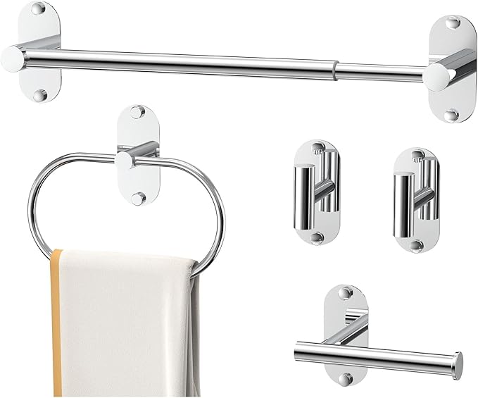 5-Piece Bathroom Hardware Accessories Set, Self-Adhesive & Wall Mounted SUS304 Stainless Steel Towel Bar Set, Adjustable Towel Bar, Towel Ring, Toilet Paper Holder & 2 Hooks(Chrome)