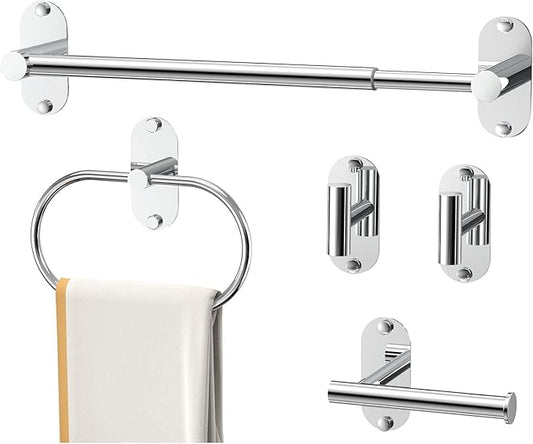 5-Piece Bathroom Hardware Accessories Set, Self-Adhesive & Wall Mounted SUS304 Stainless Steel Towel Bar Set, Adjustable Towel Bar, Towel Ring, Toilet Paper Holder & 2 Hooks(Chrome)