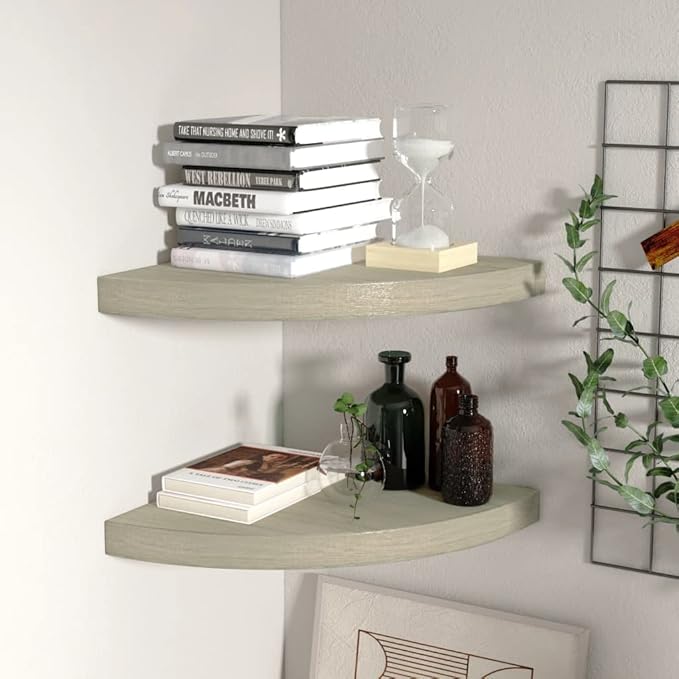 Floating Corner Shelves 2 Pack Oak Finish 13.8x13.8x1.5 Inches Wall Mount Display Storage for Books Decor Photos Awards with Invisible Mounting System