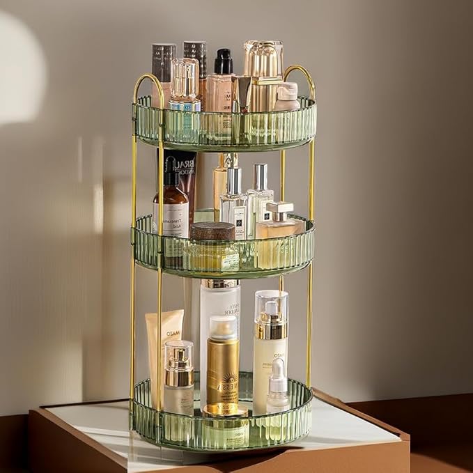 360° Rotating Makeup Organizer for Vanity, Cosmetic Display Case, 3 Tire Large Capacity Cosmetic Storage Shelf, Beauty Organizer for Skincare, Perfume, Sundries, and Makeup Display (Dark Green)