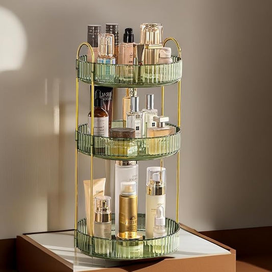 360° Rotating Makeup Organizer for Vanity, Cosmetic Display Case, 3 Tire Large Capacity Cosmetic Storage Shelf, Beauty Organizer for Skincare, Perfume, Sundries, and Makeup Display (Dark Green)