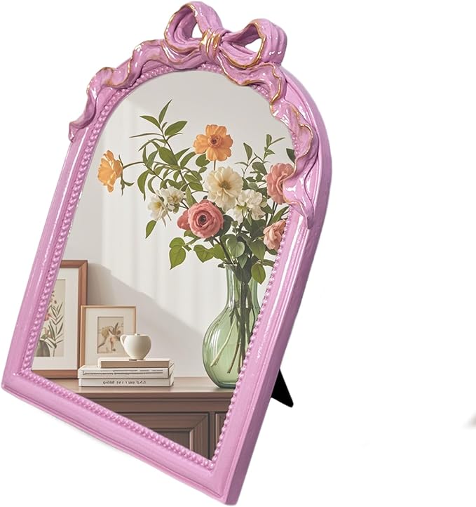 Pink Bow Mirror - 13x10 Inch Perfect Elegant Decorative Accent, Wall-Mounted Tabletop Makeup Mirror for Nursery Baby Room Bedroom Decor