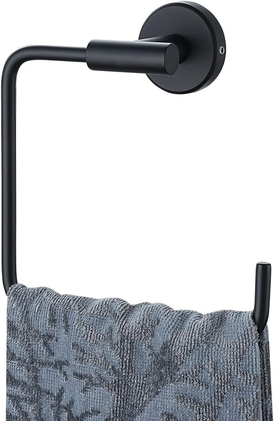 JQK Black Towel Ring, Stainless Steel Square Ring Towel Holder for Bathroom, 6 Inch Matte Black Wall Mount, TR140-PB