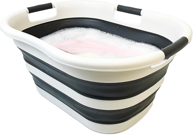 SAMMART 40L (10.5 gallon) Collapsible Plastic Laundry Basket - Foldable Pop Up Storage Container/Organizer - Portable Washing Tub - Space Saving Hamper/Basket (2, Grey/Washed Black)