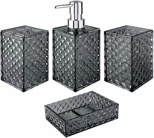 Bathroom Accessory Set, Grid Pattern 4 Pcs Plastic Bathroom Set Include Soap Dispenser, Soap Dish, Toothbrush Holder, Mousewash Cup, Modern Bahtroom D??cor Set, Space Save for Bathroom((Grey)