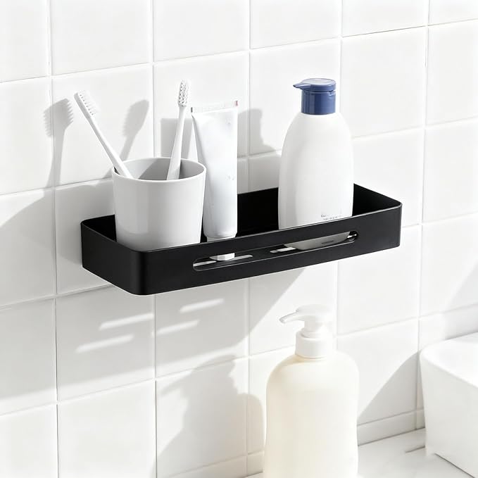 VBESTLIFE Bathroom Shelf, Wall Mounted Stainless Steel Storage Organizer with Drainage Holes for Toiletries (Black Single Layer Rack (No Drill Installation))