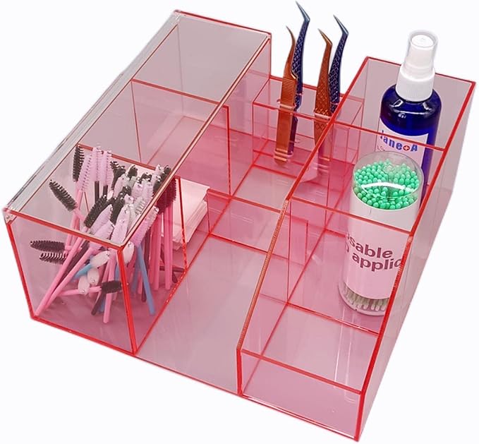 Eyelash Beauty Organizer, Acrylic Eyelash Grafting Tool Storage Beauty Tool W/Tweezers Holder Display Boxes for Home Eyelash Salon (Transparent Pink)