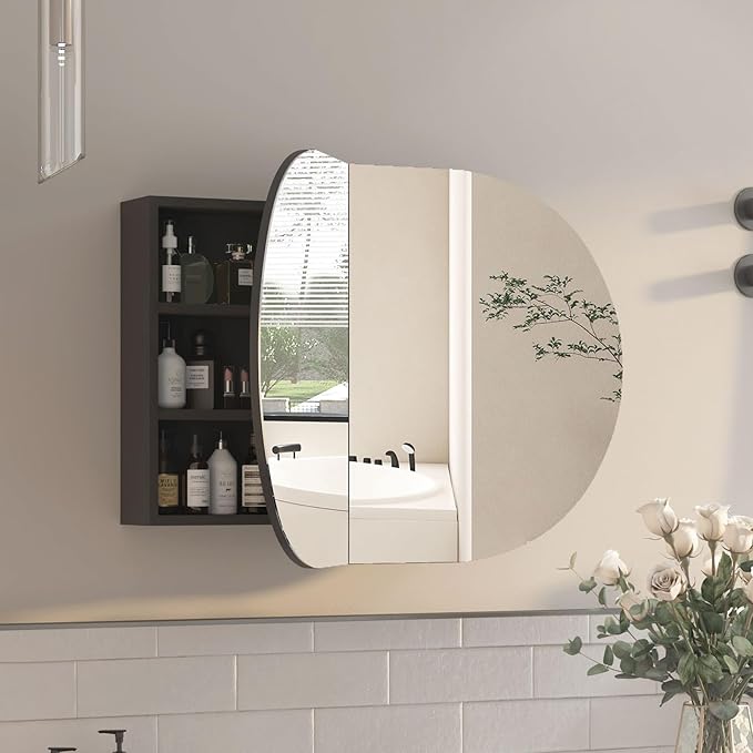 Oval Medicine Cabinet with Mirror for Bathroom,Bathroom Medicine Cabinet,Oval Mirror Cabinet Wall Mounted with 3 Storage,2 Doors,Black