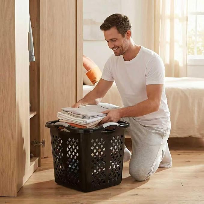 2-Pack Plastic Laundry Hamper, 2 Bushel Large Laundry Basket with Silver Carry Handles, Easy Carry Dirty Clothes Hamper Bin for Home & Apartment