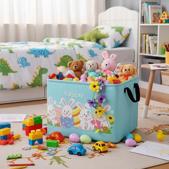 Rectangular Easter Basket Easter Basket for Kids Baby Storage Basket Cute Toy Storage Bin Organizer Shelf Book Basket Easter Room Decor(Cartoon Easter Basket)