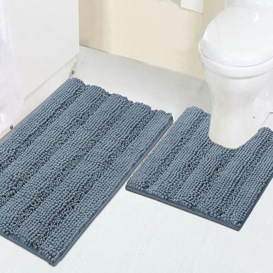 Turquoize Chenille Bathroom Rugs Set Non-Slip Bath Mats for Bathroom Super Absorbent Shaggy Shower Mat for Tub Kitchen Plush Bath Rug Plus U Toilet Mat(Standard: 20" x 32" and 20" x 20" U), Stone Blue