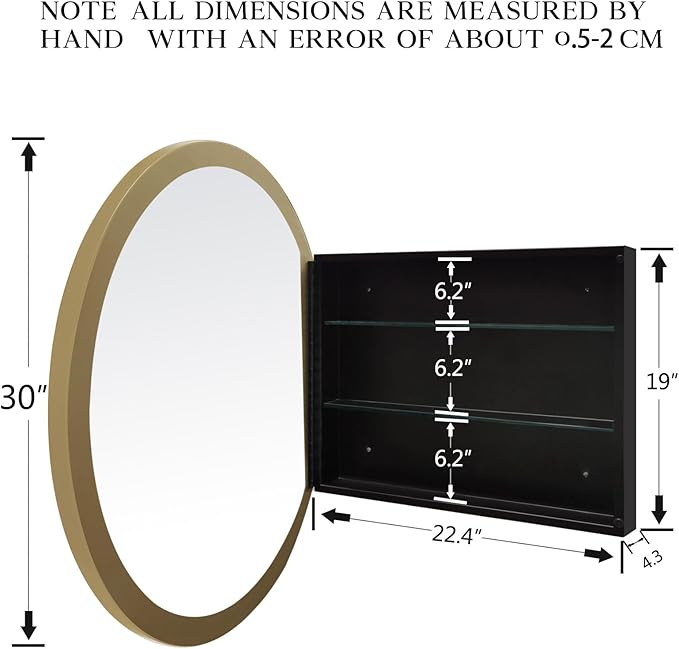 FOAMYKO Round Medicine Cabinet, Circular Bathroom Mirror Cabinet, Wall Surface Mounted Storage Farmhouse Cabinet (Gold, 30"x30")