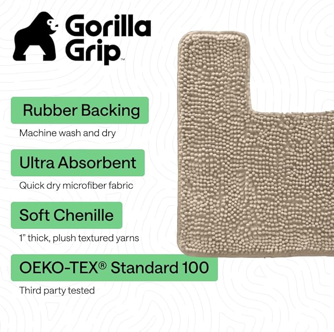 GORILLA GRIP Plush Absorbent Shaggy Chenille Bath Rug Mat for Square Toilet Base with Rubber Backing, Machine Washable Rugs, Soft Microfiber Contour Mats for Toilets, Bathroom Decor, Gray Beige