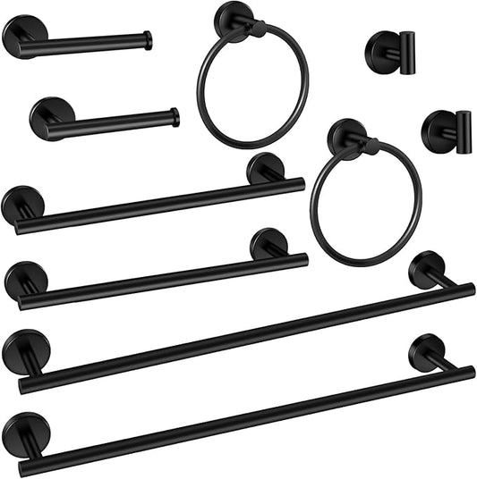 10 Piece Matte Black Bathroom Hardware Set -Include23.6&12inch Bathroom Towel bar,Towel Ring,Toilet Paper Holder, Towel Hook,2 Pack 5 Piece Bathroom Accessories Set Stainless Steel Wall Mounted