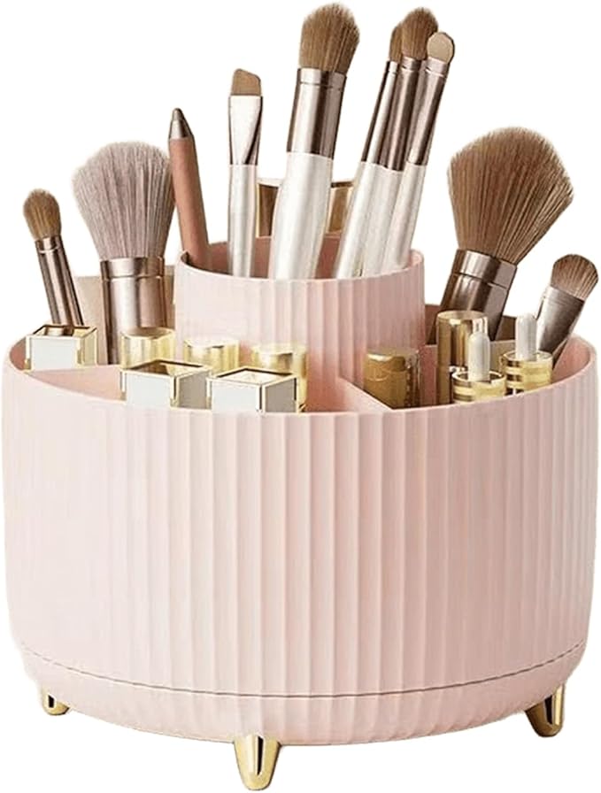 360° Rotating Makeup Brush Organizer with Gold Feet, Partitioned Storage Container, Space-Saving Cosmetic Holder & Pen Holder (Pink)