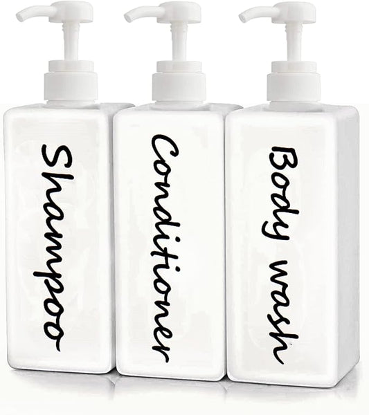 21oz Shampoo and Conditioner Dispenser (Set of 3) Modern Refillable Shampoo Pump Bottles for Shower Soap - Empty Shampoo Conditioner Body Wash Dispenser Set - Stylish Permanent Labels - for Bathroom