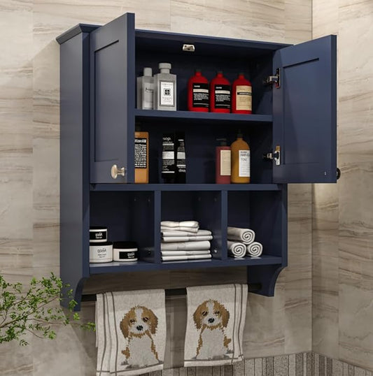 Bathroom Wall Cabinet, Wall Mounted with Towel Bar & 6 Shelves - Over Toilet Storage Organizer, 2-Door Medicine Cabinet, Adjustable Bathroom Shelves(Blue)