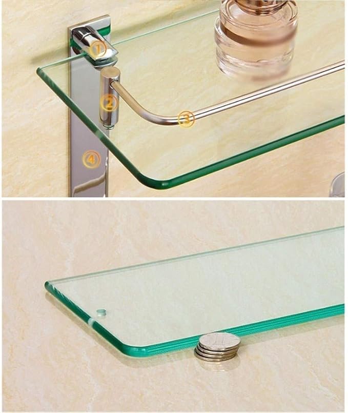 Tempered Glass Shelf Bathroom Shelves with Rail Wall Mounted Stainless Steel Punch Installation 250mm
