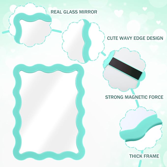 Leinuosen 1 Pcs Scalloped Magnetic Locker Mirror Small Real Glass Makeup Mirror with Magnetic Backing Cute Locker Decorations for Office Cabinet Lockers Accessories (5 x 7 Inch,Mint Green)