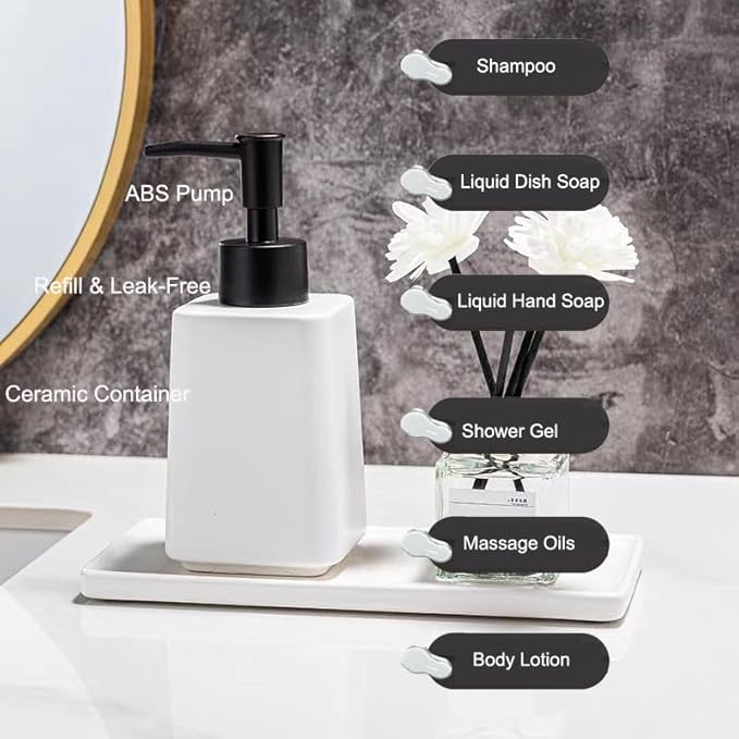 White Bathroom Accessories Set,Ceramic Soap Dispenser and Toothbrush Holder with Tray,Modern Decor Bath Set with Toothbrush Cup