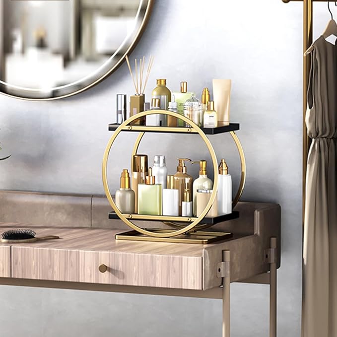 2-Tier Gold Bathroom Countertop Organizer, Round Metal Shelf for Skincare, Makeup and Toiletries,Cosmetic Display Tray, Storage Rack for Vanity, Kitchen,Office Desk