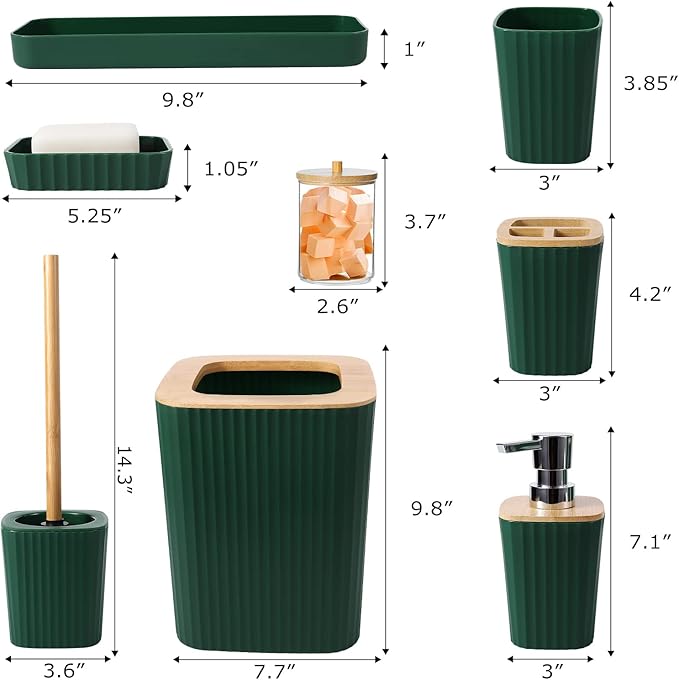 XLHOMO Dark Green Bathroom Accessories Set, 9-Piece Green Bathroom Set with Trash Can, Tray, Soap Dispenser, Toothbrush Holder, Toothbrush Cup, Soap Dish, Toilet Brush and Q-tip Holders