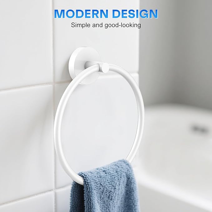 Hand Towel Holder Screw-in Stainless Steel Towel Ring for Bathroom Wall White Towel Hanger Round Towel Racks for Bathroom Decor and Accessories, 2 Packs