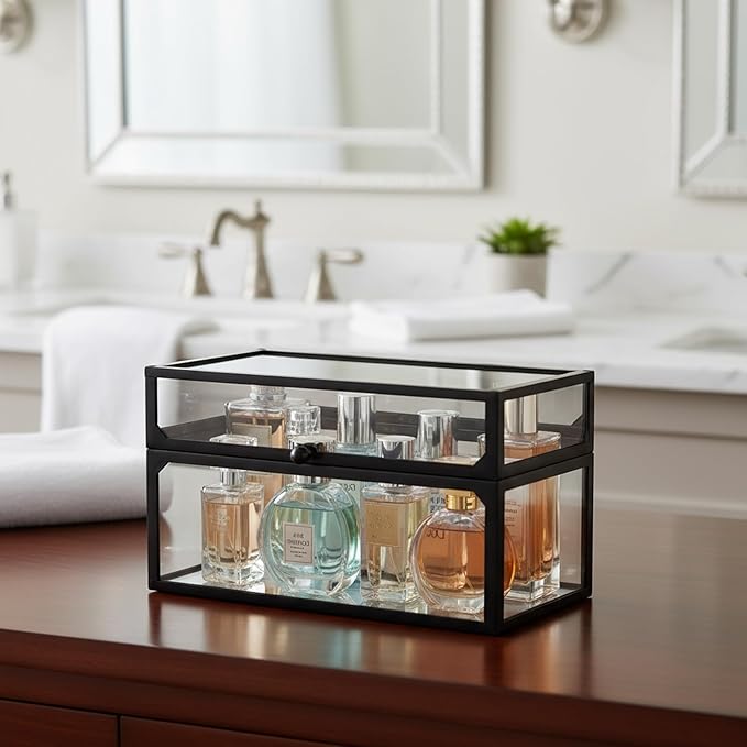 Cologne Organizer for Men, Glass Perfume Stand, Makeup Organizer Countertop, Large Capacity Dustproof Cologne Holder for Watch, Jewelry, Perfume Display Risers, A Gift for Men, Clear