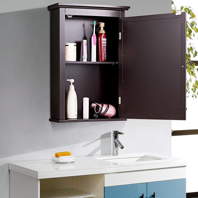 Tangkula Bathroom Cabinet with Mirror, Mirrored Wall-Mounted Storage Medicine Cabinet w/Single Door & Adjustable Shelf in 5 Positions, Multipurpose Wall Cabinet for Bathroom (Brown)
