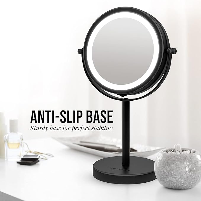 OVENTE 6" Lighted Makeup Mirror with 1X/7X Magnification, Cordless Tabletop Mount Vanity Round Mirror with 360° Swivel Design and Double Sided Cool Tone LED Ring Light, Matte Black MLT60B1X7X
