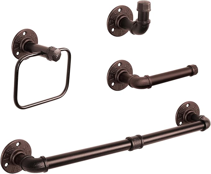 NearMoon 4 Pieces Industrial Pipe Bathroom Hardware Set, Include 18 Inch Towel Bar, Towel Ring, Toilet Paper Holder and Robe Hook, Heavy Duty Rustic Iron Decor Wall Mounted Accessories Kit (Bronze)