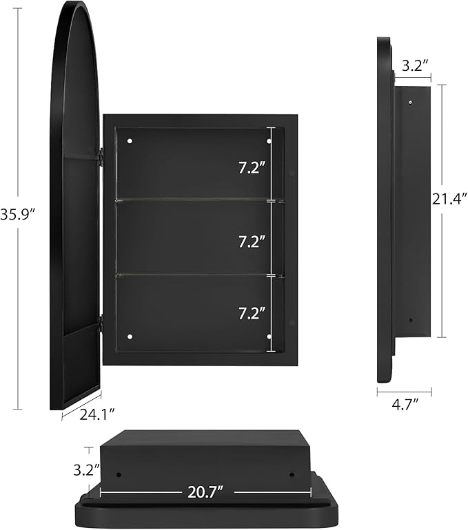 SogesHome 3-Tier Medicine Cabinet with Shelf, Wall Mounted Recessed Decro Vanity Storage Mirror Cabinet for Bathroom, Bedroom, (Arched, Black)