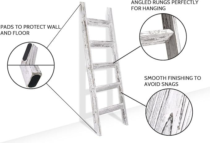 FUIN 5ft (58") Wood Blanket Ladder Living Room Decorative Wall Leaning Farmhouse Quilt Display Holder Wooden Towel Rack for Bathroom, Rustic White