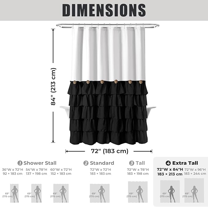 Seasonwood Black and White Farmhouse Shower Curtain 72 x 84 Black Ruffle Shower Curtain with Vintage Buttons, Rustic Decorative Fabric Shower Curtains