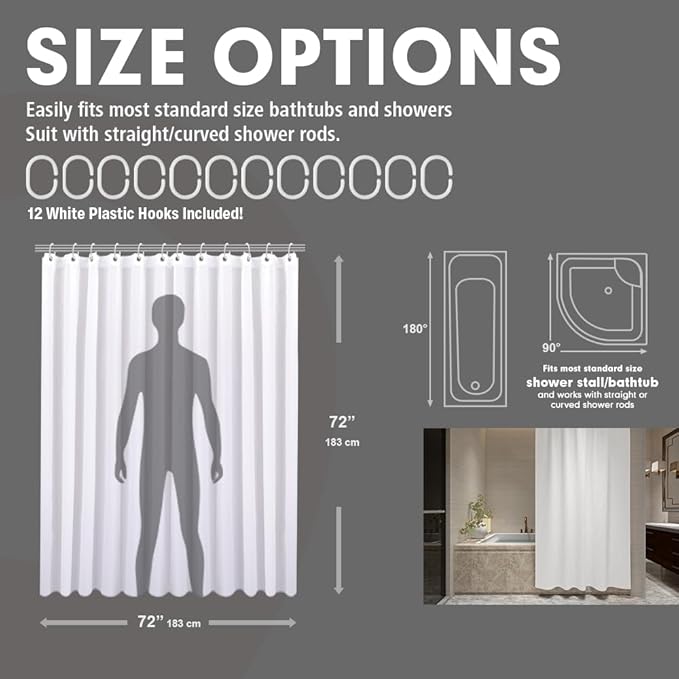 Strip White Fabric Shower Curtain with Magnets - 85 GSM Heavy Duty Waterproof Bath Curtain, 12 Reinforced Metal Grommets (72x72 Inches)