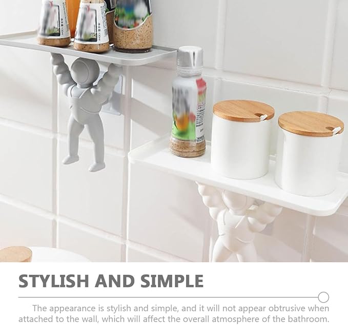 2pcs Wall-Mounted Spaceman Storage Rack Bathroom Shelf No-Drill Hanging Organizer Decorative Bathroom Wall Rack for Shampoo Razor Toothbrush Holder
