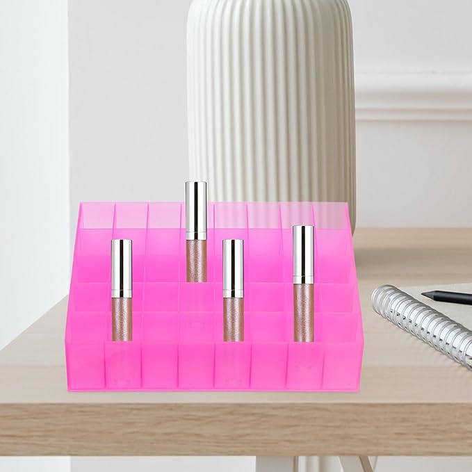 Ipetboom 40 Slots Makeup Holder Plastic Lipstick Holder 40 Slots Lipstick Box Lip Gloss Storage Organizer Tubes Display Case Makeup Desk Organizer for Home Shop Use Pink