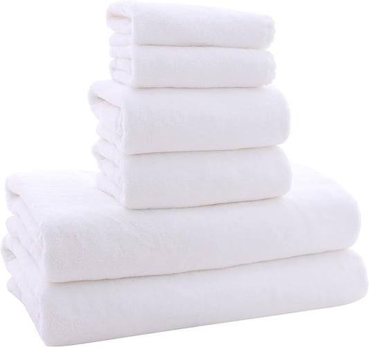 MOONQUEEN Ultra Soft Towel Set - Quick Drying - 2 Bath Towels 2 Hand Towels 2 Washcloths - Microfiber Coral Velvet Highly Absorbent Towel for Bath Fitness, Sports, Yoga, Travel (White, 6 Pieces)
