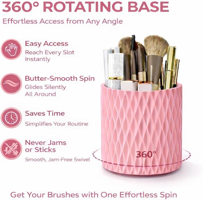 Makeup Brush Holder Organizer, 360?? Rotating 5-Slot Make up Brushes Cup for Cosmetic, Lipstick, Hair Brush Holder - Spinning Vanity Countertop Caddy for Bathroom, Dorm & Office, Pink
