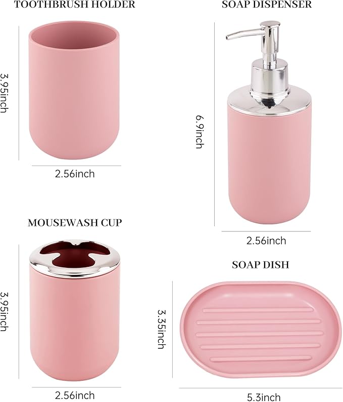 Bathroom Accessory Set, 4 Pcs Plastic Bathroom Set Include Soap Dispenser, Soap Dish, Toothbrush Holder, Mousewash Cup, Modern Bahtroom D??cor Set, Space Save for Bathroom(Light Pink)