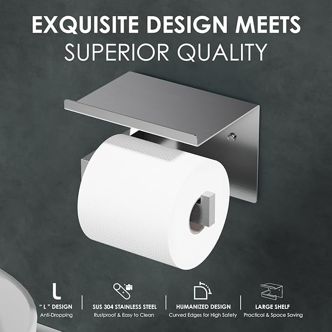 Auxmir No Drilling Self Adhesive Toilet Paper Holder, Premium Rustproof SUS304 Stainless Steel Roll Holder Wall Mount Tissue Holder for Bathroom Kitchen Washroom, Toilet Paper Holder with Shelf-Silver