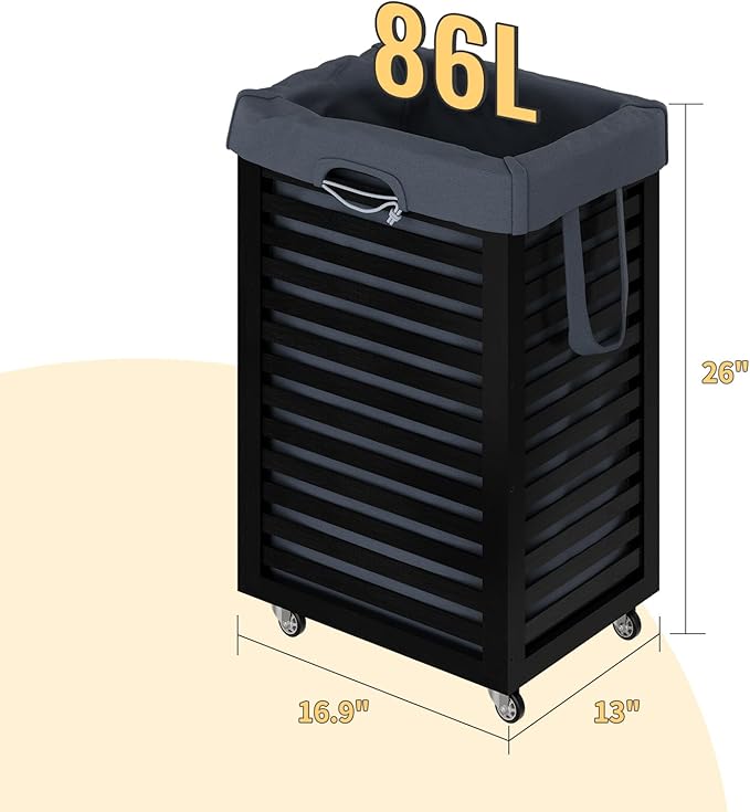Laundry Hamper with Wheels,Rolling Laundry Basket with Removable Bag,Bamboo Clothes Hampers with Handles for Clothing, Bathroom, Bedroom, Laundry Room (Black)